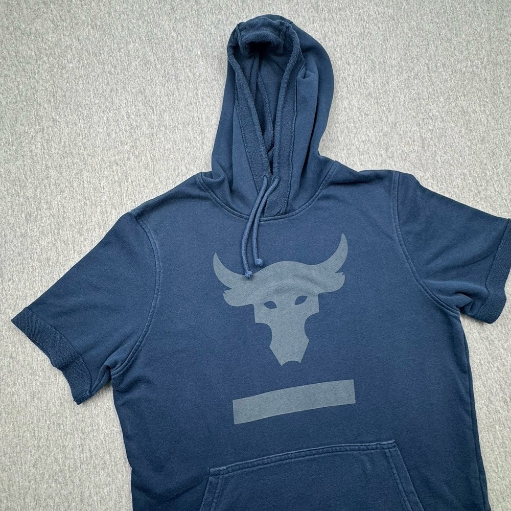 Under Armour Project Rock Short Sleeve Hoodie Sweatshirt Mens Sz S Gym Blue